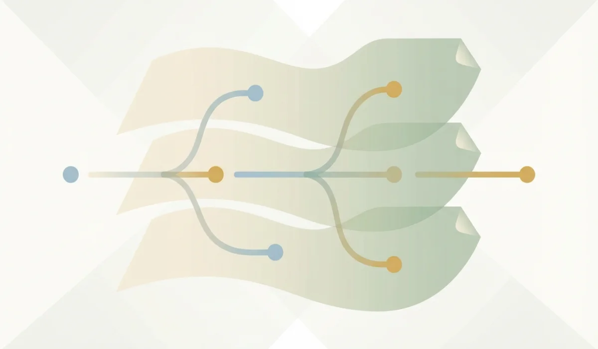 Abstrakte Darstellung Versionierung und Dokumentationsstände für casualroutinecanvas.info, 1200×700 px